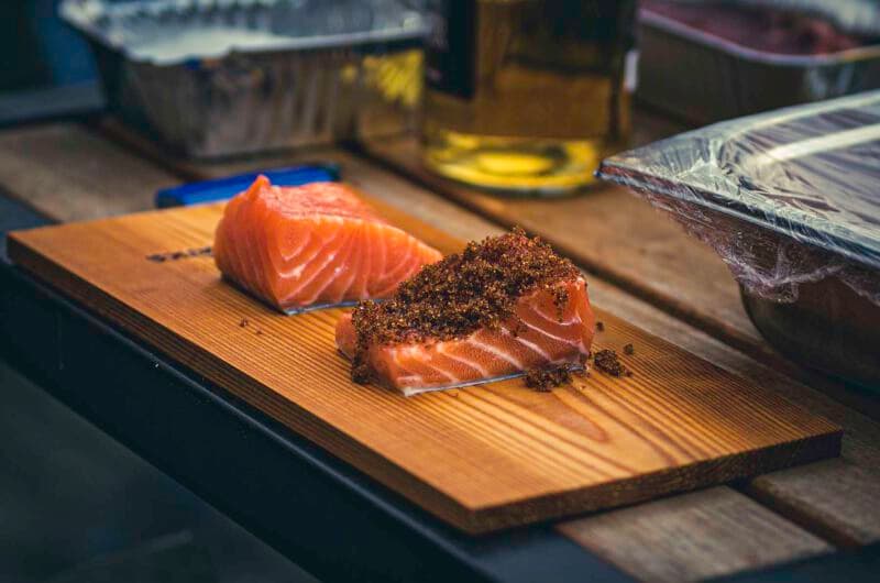 Warm Smoked Salmon from the Smoking Plank with Lime Crème Fraiche