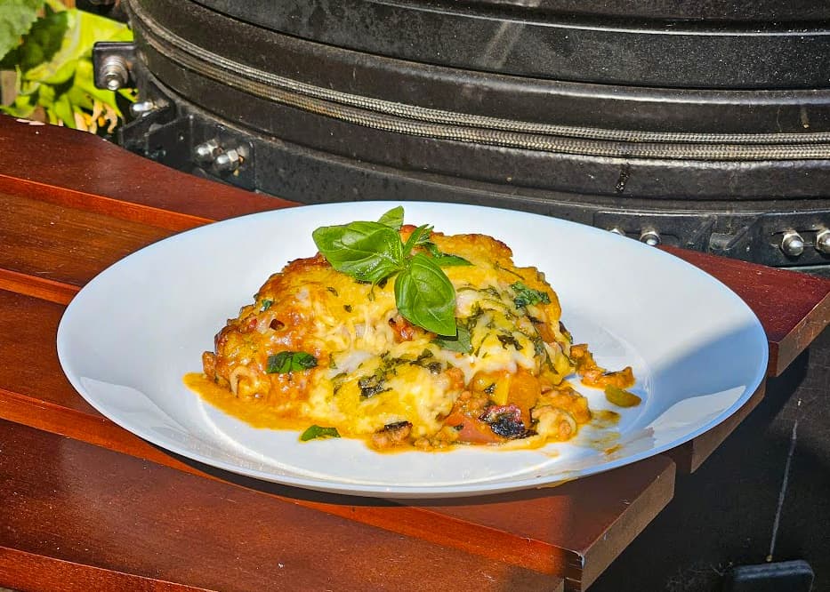 Lasagne on the Kamado BBQ with Mozzarella and Gouda Cheese
